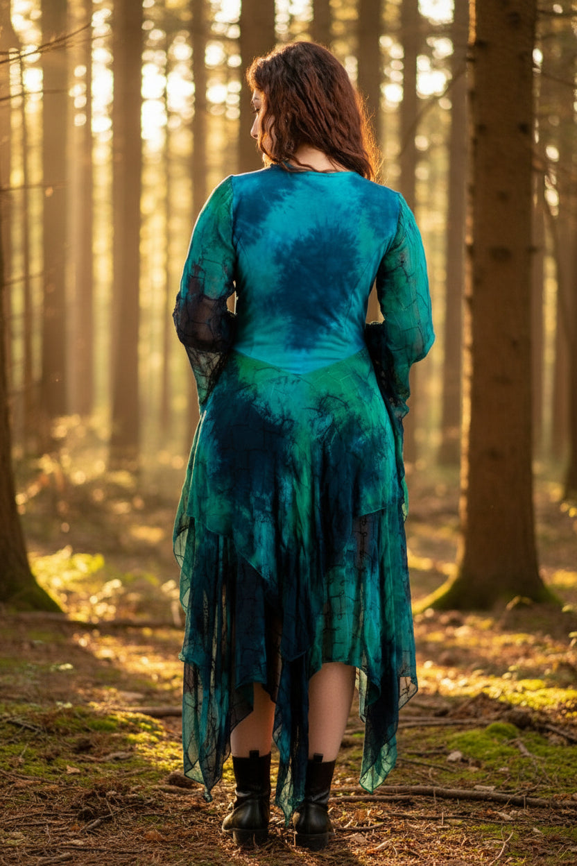 Medieval Sleeve Fairy Dress - Teal Green & Navy Stretch Lace Up Bodice