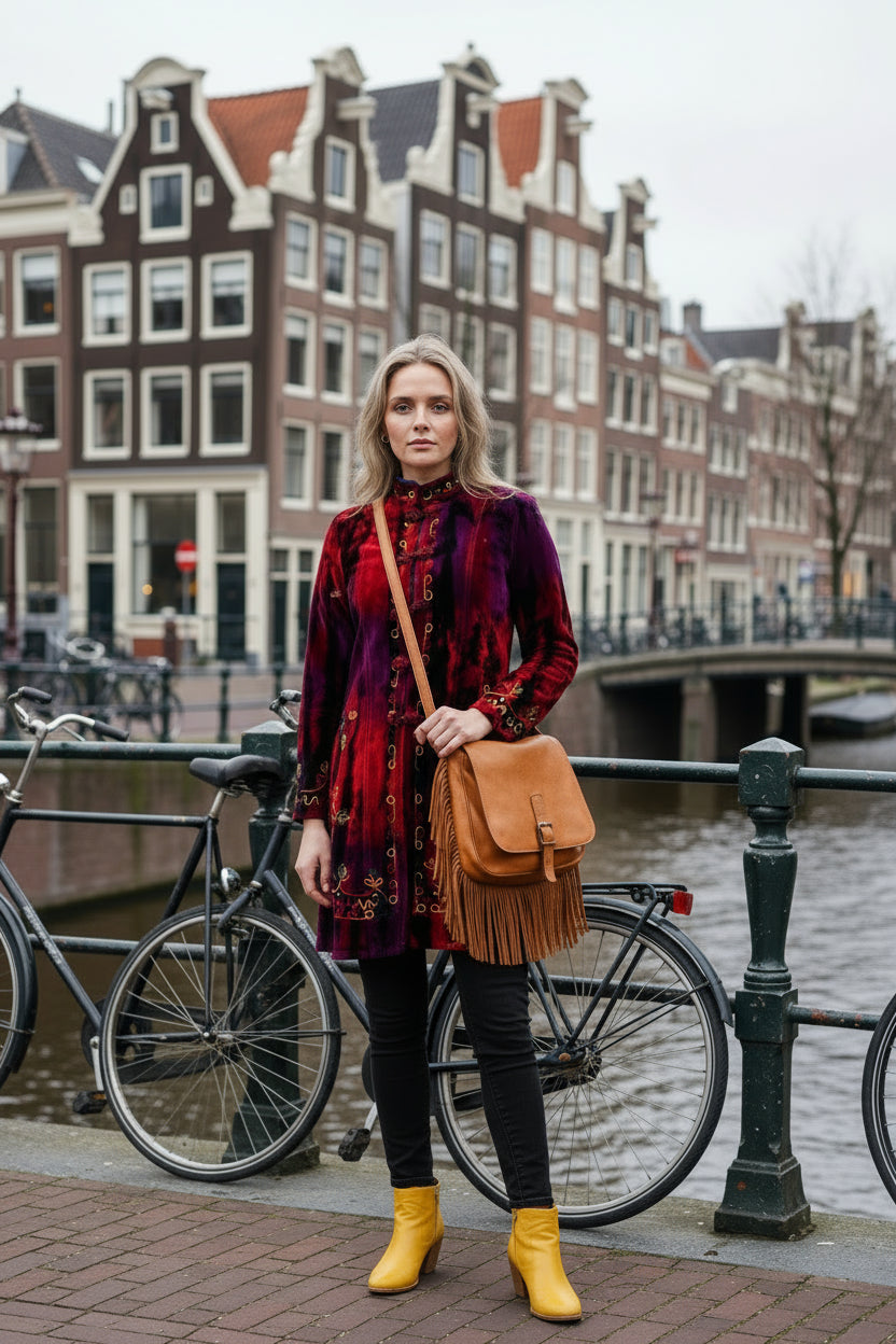 Bohemian Velvet Coat with Rainbow Embroidery - Purple & Red Autumn Multi ๐ ๐