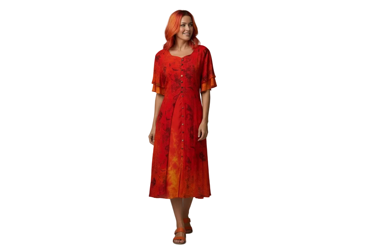 Suzanna Dress – Fire Orange Tie Dye Midi Dress with Chiffon Overlay Jacket (3/4 Length Mid Shin)