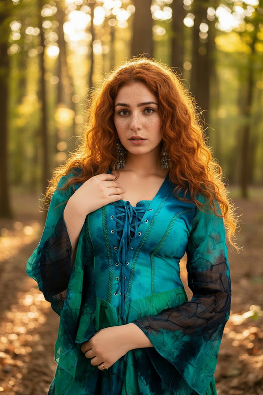 Medieval Sleeve Fairy Dress - Teal Green & Navy Stretch Lace Up Bodice