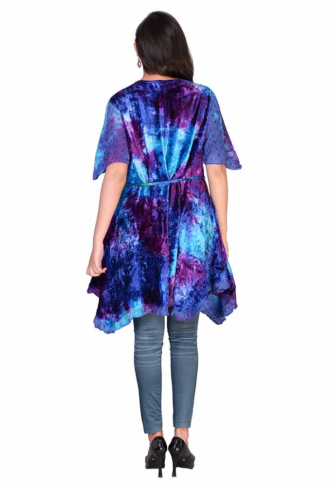 Velvet Tunic Top Turquoise Blue Purple - Handkerchief hem