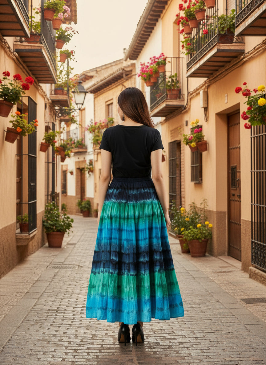 Full Length Dip Dye Cotton Skirt – Lime Navy Turquoise Boho Maxi with Cheesecloth Underskirt