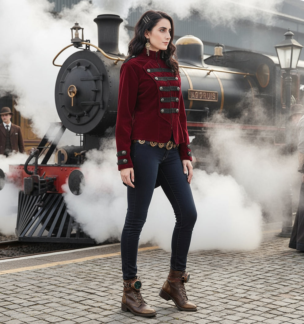 Velvet Military-Style Tailcoat Jacket | Steampunk Pirate Elegance Burgundy Maroon