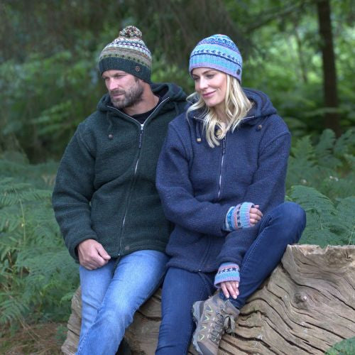 Yak Thick Wool Fleece Lined Green Hoody - Jacket with Detachable Hood