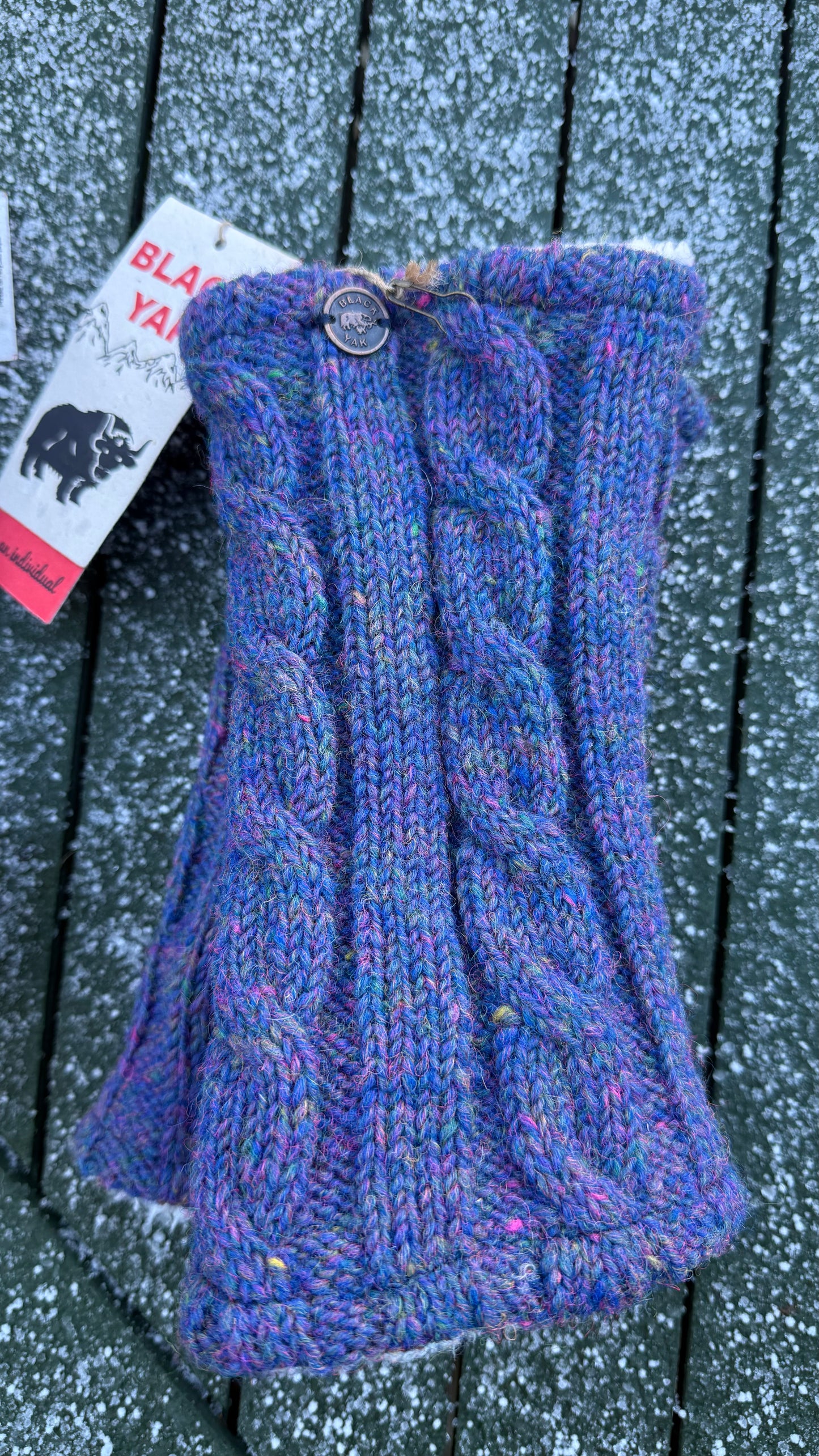 Yak Wool Fleece Lined Hand & Wrist Warmers – Heather Purple Blue Cable Knit