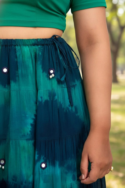 Forest Green Dip Dye Cotton Skirt with Bells – Boho Full Length Tie Dye Maxi with Cheesecloth Underskirt