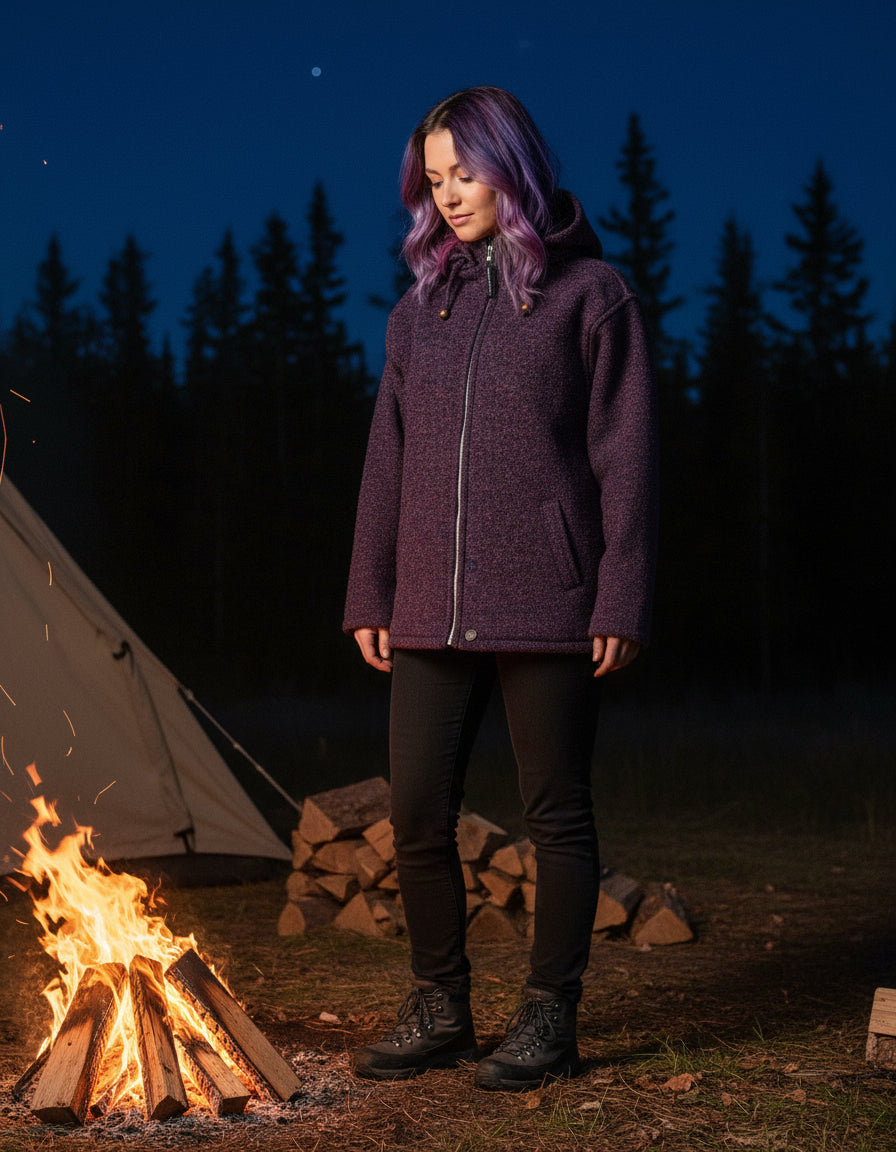 Yak Thick Wool Fleece Lined Purple Hoody - Jacket with Detachable Hood