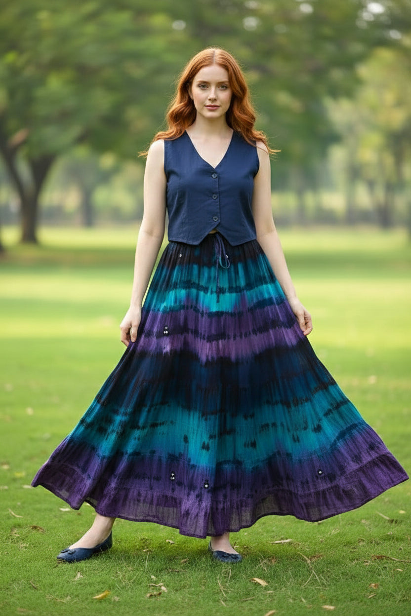 Full Length Cotton Dip Dye Skirt with Bells – Purple, Turquoise & Navy Boho Maxi with Cheesecloth Underskirt