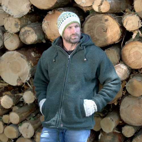 Yak Thick Wool Fleece Lined Green Hoody - Jacket with Detachable Hood