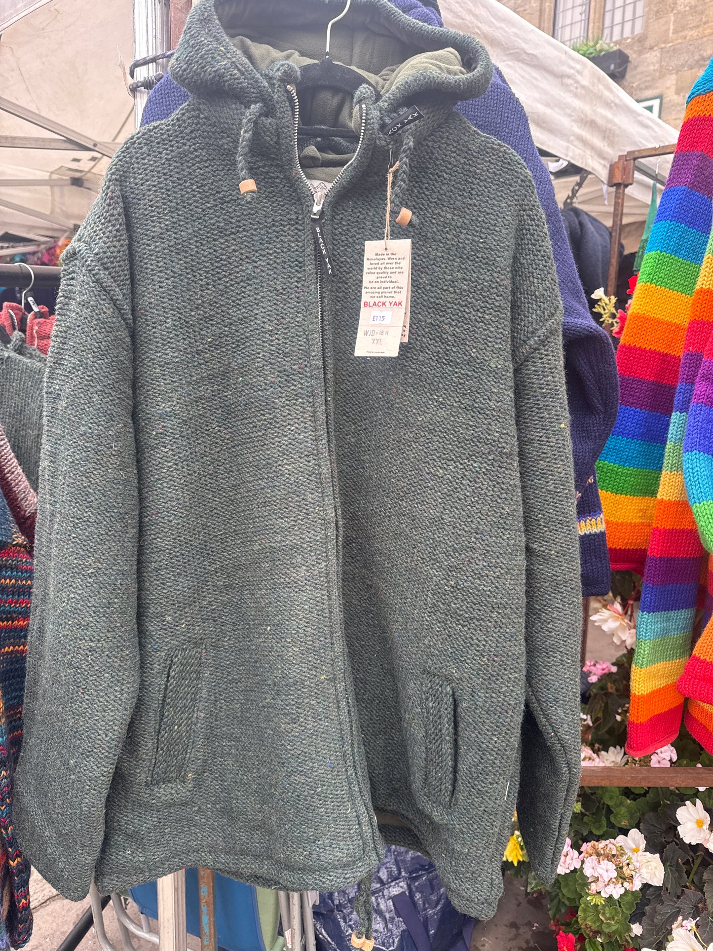 Yak Thick Wool Fleece Lined Green Hoody - Jacket with Detachable Hood