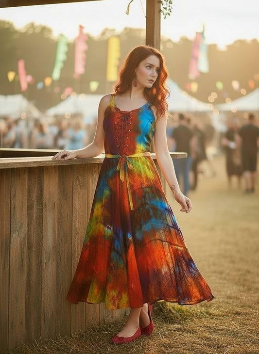Rainbow Lace Up Dress – Boho Fit and Flare Maxi with Handkerchief Hem