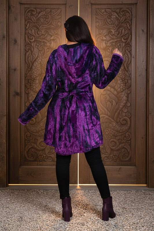 Crushed Velvet Hooded Jacket with Back Ties – Deep Purple Bohemian Elegance