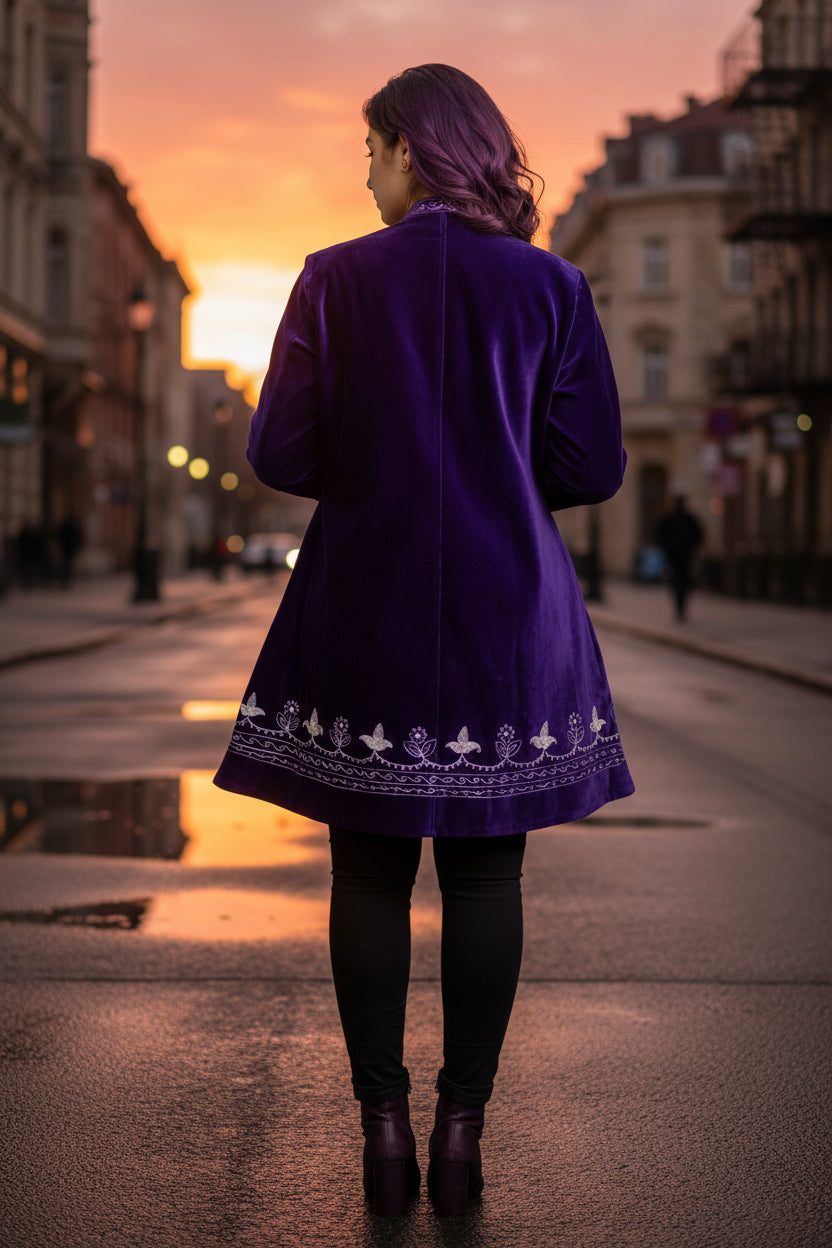 Purple Embroidered Velvet 3/4 Length Coat – Boho Luxe Statement Jacket