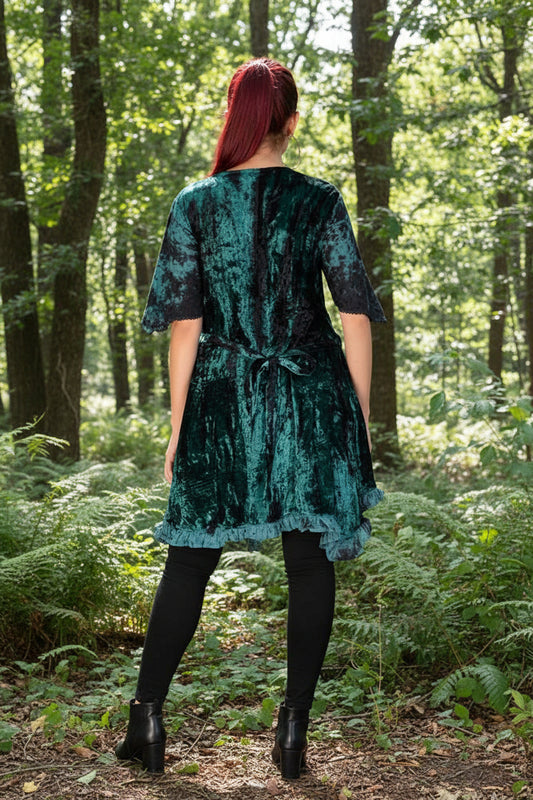Velvet Teal Green Tunic Top with Buttons & Waist Ties