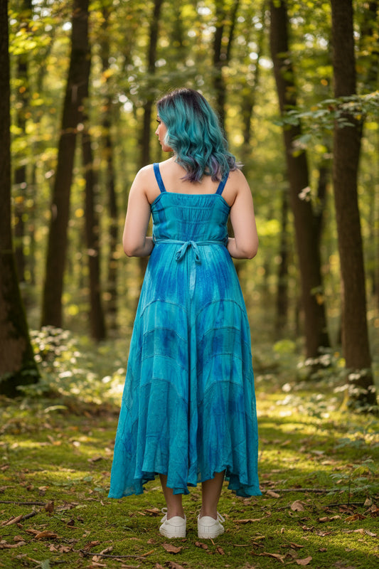 Turquoise Lace Up Dress – Boho Handkerchief Hem Festival Maxi Dress
