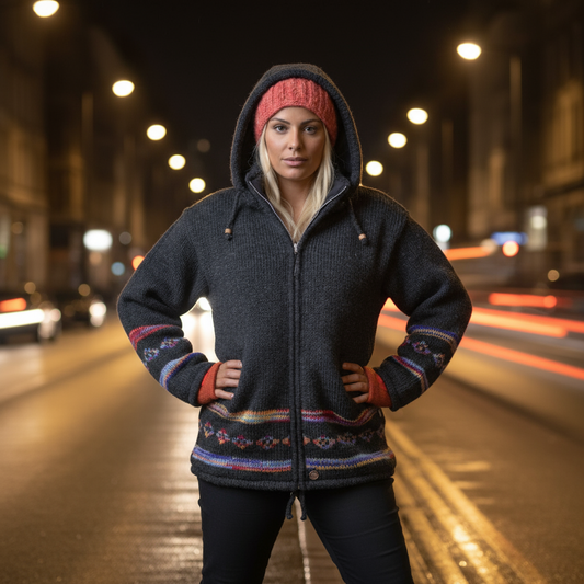 Yak Thick Wool Fleece Lined Jacket Hoody Charcoal Grey - Detachable Hood