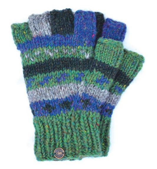 Hand-Knitted Wool Fingerless Gloves – Fleece Lined for Extra Warmth Green and Blue
