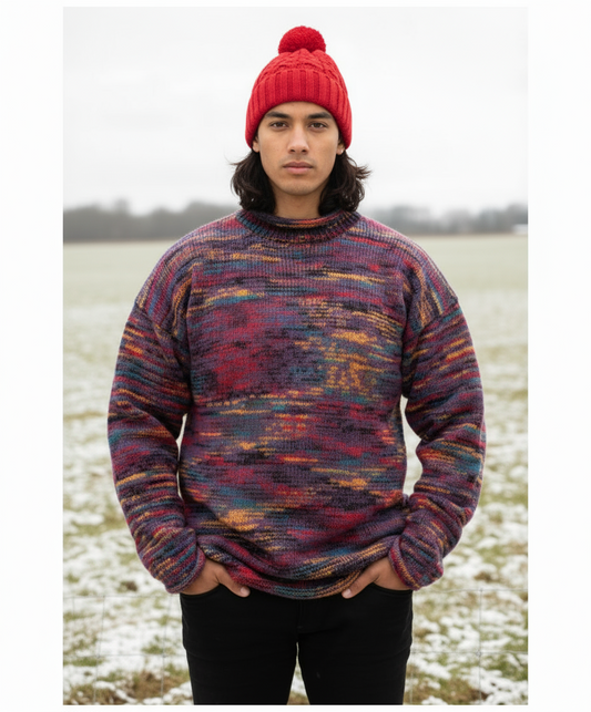 Yak Thick Wool Jumper - Burgundy Multicoloured