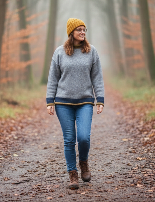 Yak Wool Jumper – Grey with Blue & Gold Trim