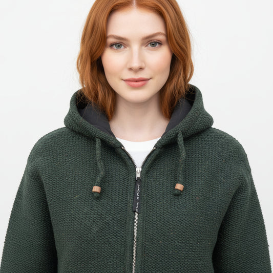 Yak Thick Wool Fleece Lined Forest Green Hoody - Jacket with Detachable Hood