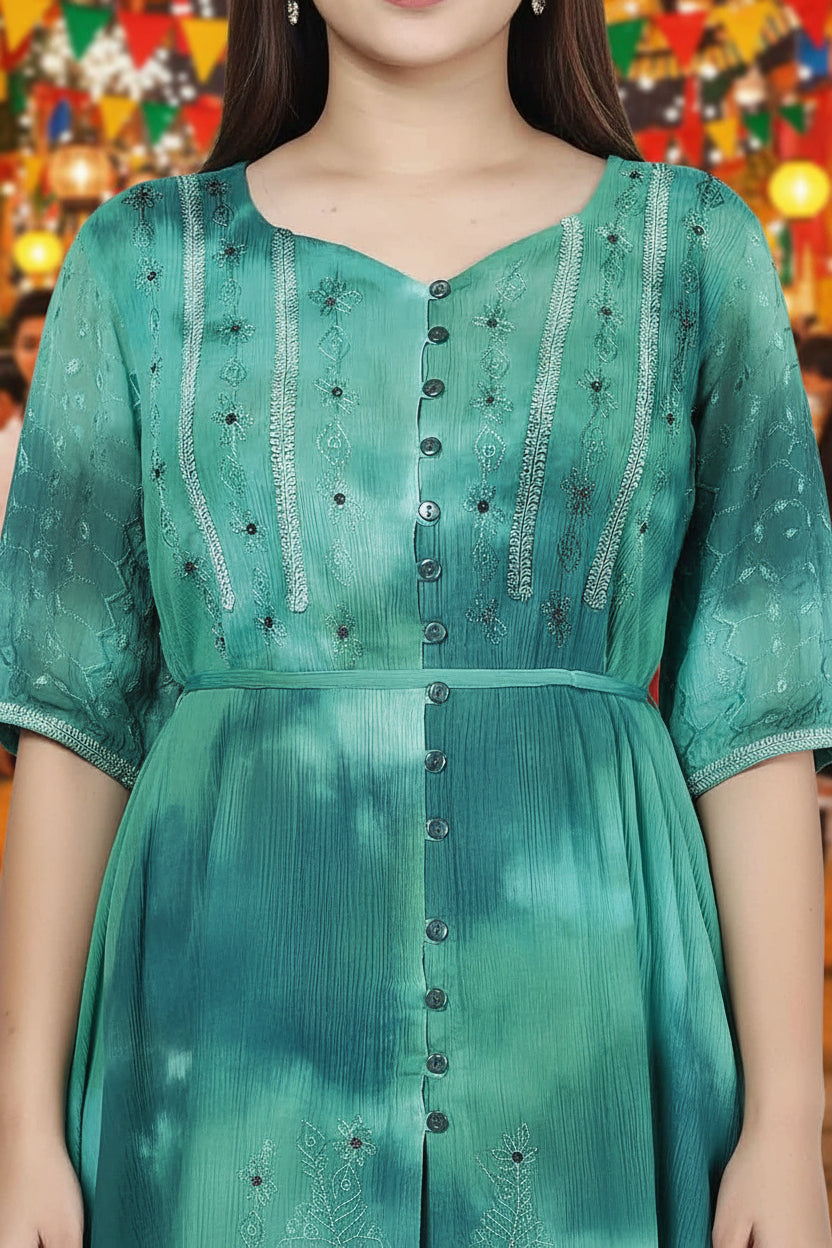 Cheesecloth Fit & Flare Tunic Top – Handkerchief Hem in Mint Mix (Flattering Waist & Wide Sleeves)