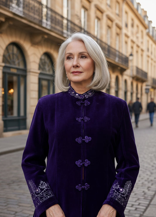 Rich Purple Cotton Full Length Velvet Coat – Elegant Bohemian Style