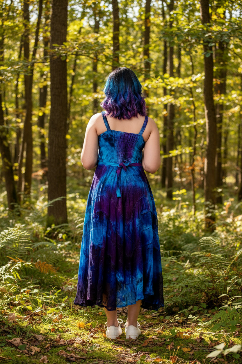 Blue Purple Lace Up Dress – Boho Corset Fit and Flare Maxi Dress with Handkerchief Hem