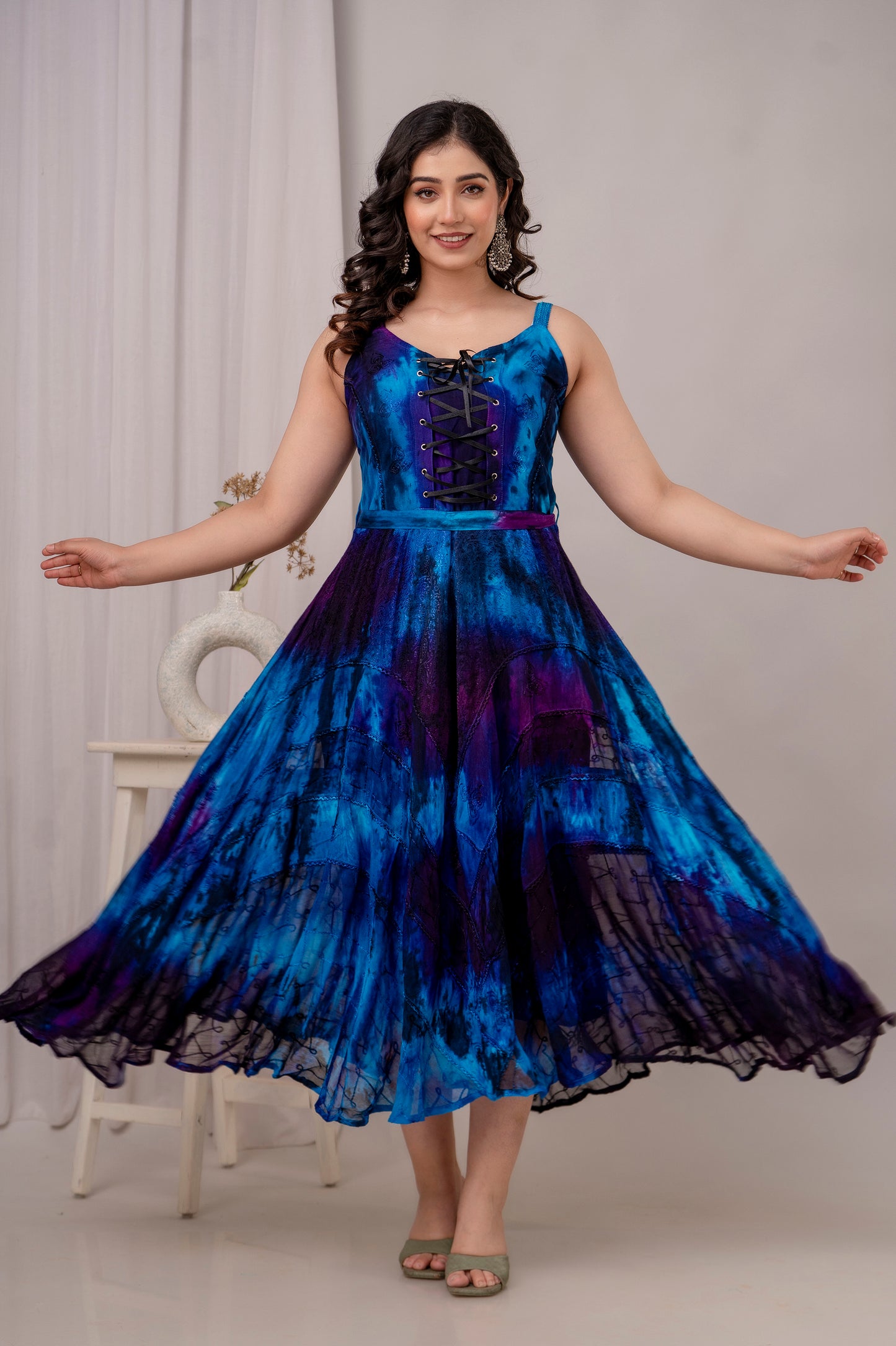 Lace Up Bodice Dress Blue / Purple Fit and Flare