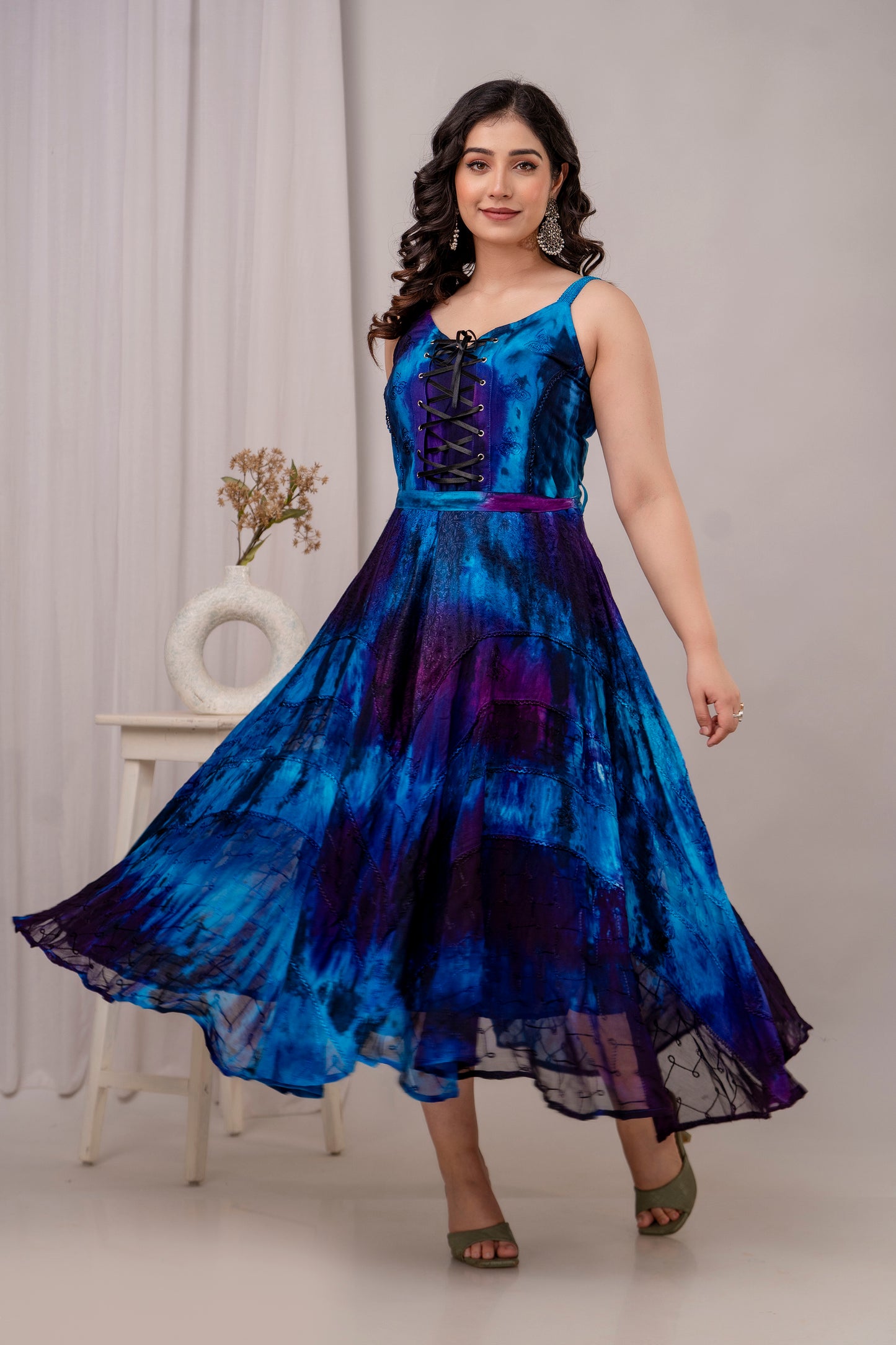 Lace Up Bodice Dress Blue / Purple Fit and Flare
