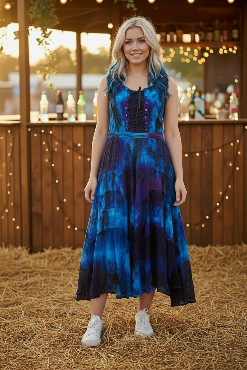 Blue Purple Lace Up Dress Boho Corset Fit and Flare Maxi Dress with Young Again Clothing Blue Purple Lace Up Dress Boho Corset Fit and Flare Maxi Dress with Young Again Clothing