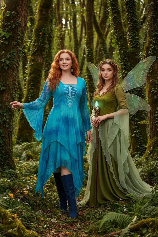 Turquoise Medieval Long Sleeve Lace-Up Chiffon Dress with Handkerchief Hem