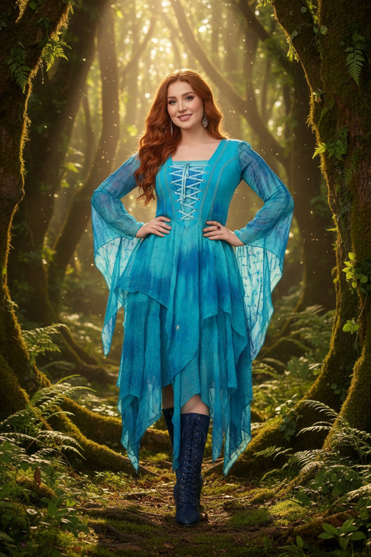 Turquoise Medieval Long Sleeve Lace-Up Chiffon Dress with Handkerchief Hem