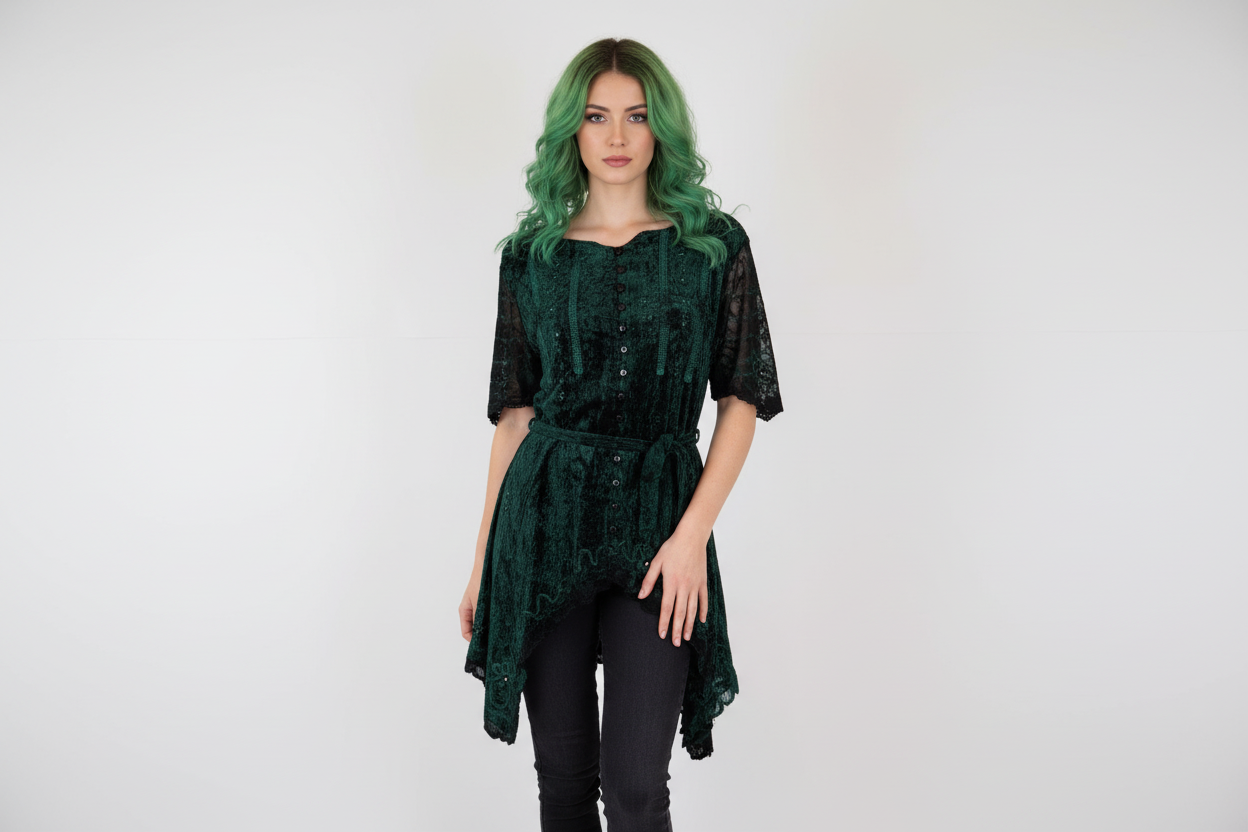 Velvet Teal Green Tunic Top with Buttons & Waist Ties