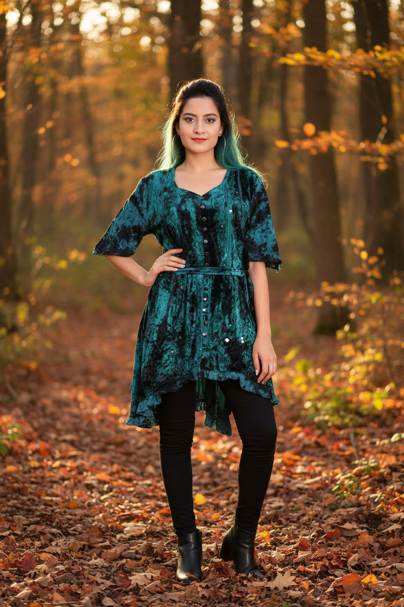 Velvet Teal Green Tunic Top with Buttons & Waist Ties