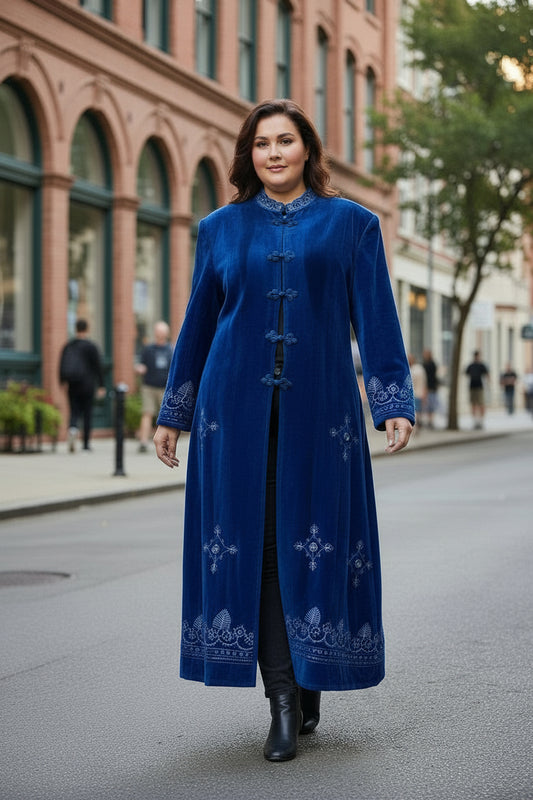 Royal Blue Embroidered Velvet Coat – Long Boho Luxe Statement Coat