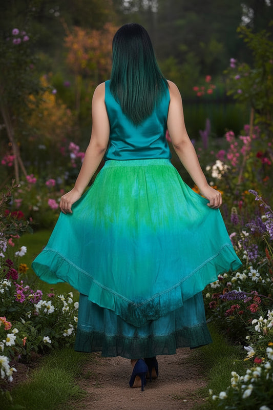 Emerald Green Dip Dye Layered Skirt – Chiffon Tie-Front Bohemian Maxi