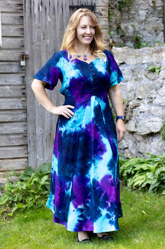 Suzanna Dress – Blue Turquoise Purple Multi A-Line Dress with Chiffon Overlay