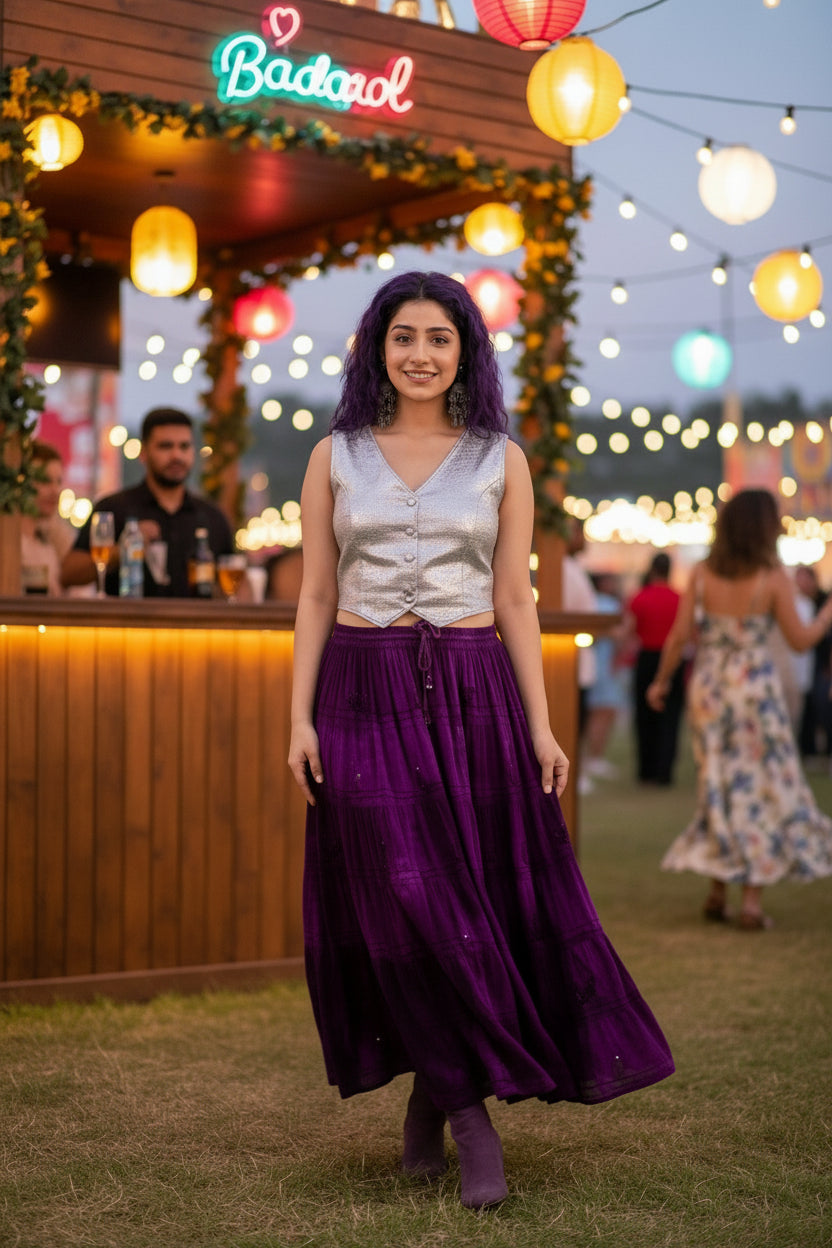 💜 Purple Cotton Skirt – Boho Tie Dye Full Length Skirt with Elasticated Waist