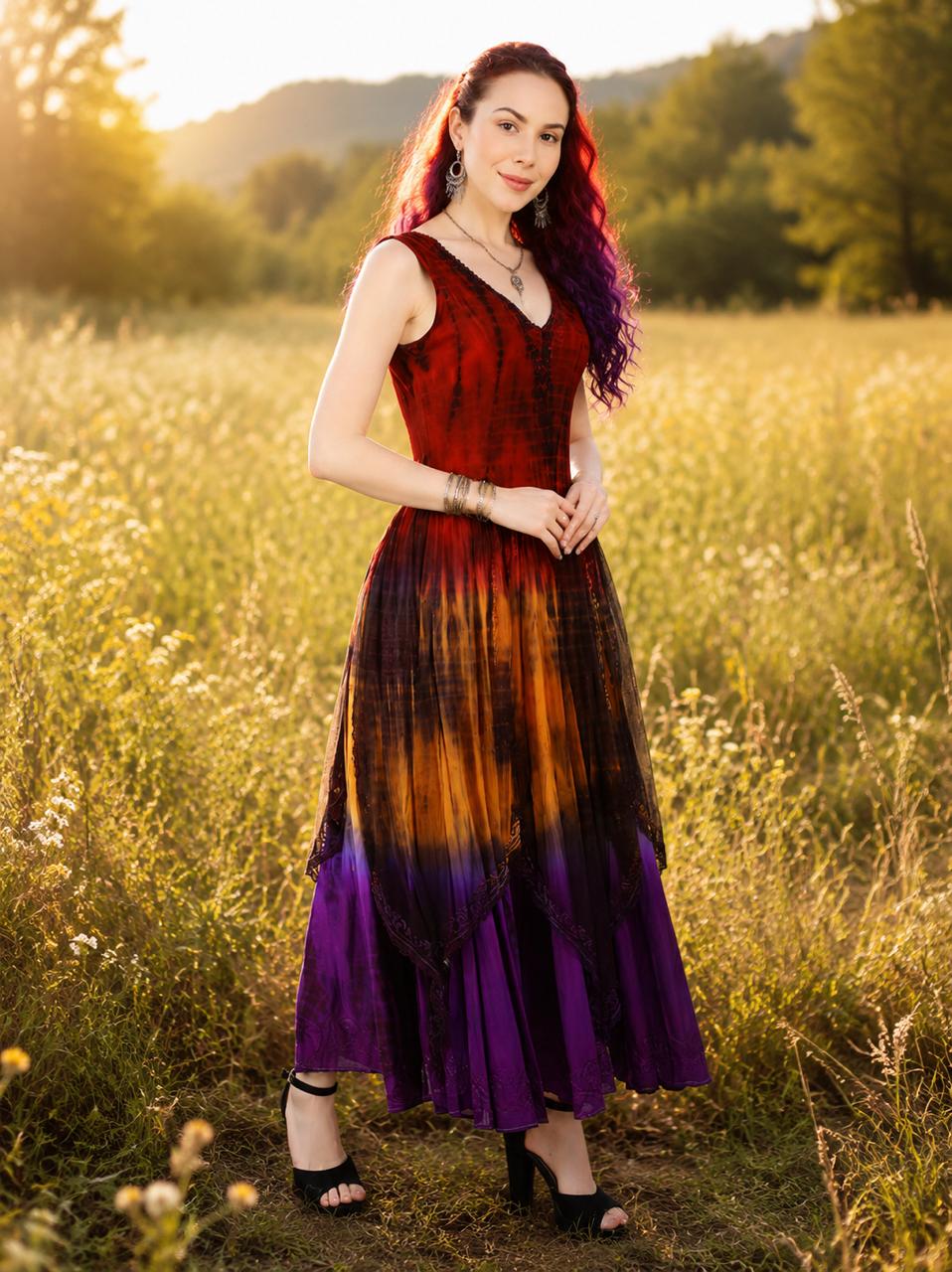 🧚 Fairy Dress – Fire Autumn Fantasy Maxi Dress with Stretch Bodice & Chiffon Overlay