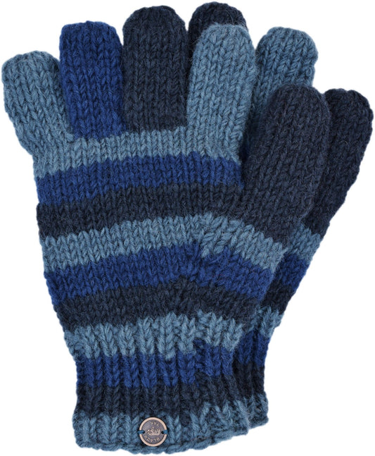 Hand-Knitted Wool Gloves – Fleece Lined for Extra Warmth Green and Blue Striped - Large