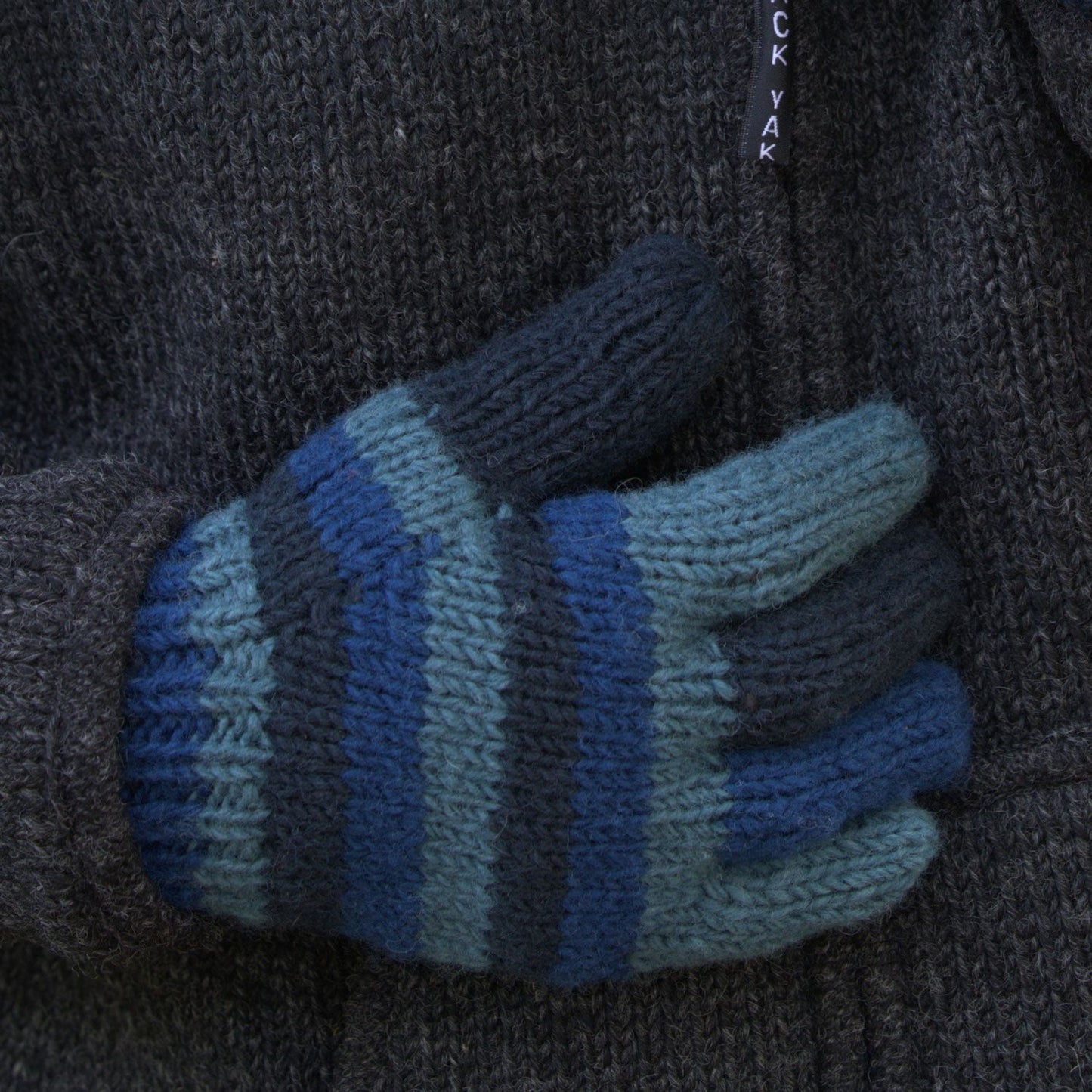 Hand-Knitted Wool Gloves – Fleece Lined for Extra Warmth Green and Blue Striped - Large