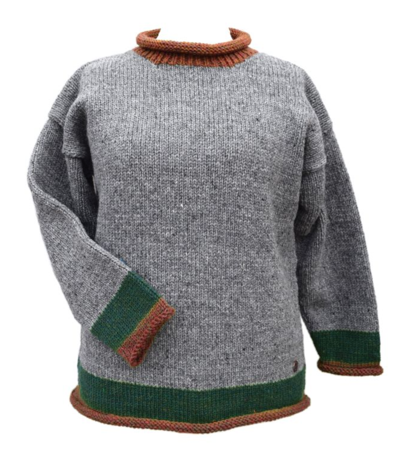 Yak Wool Jumper – Grey with Green & Rust Trim