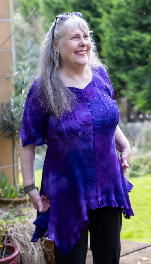 Cheesecloth Fit & Flare Tunic Top – Handkerchief Hem in Rich Purple (Flattering Waist & Wide Sleeves)