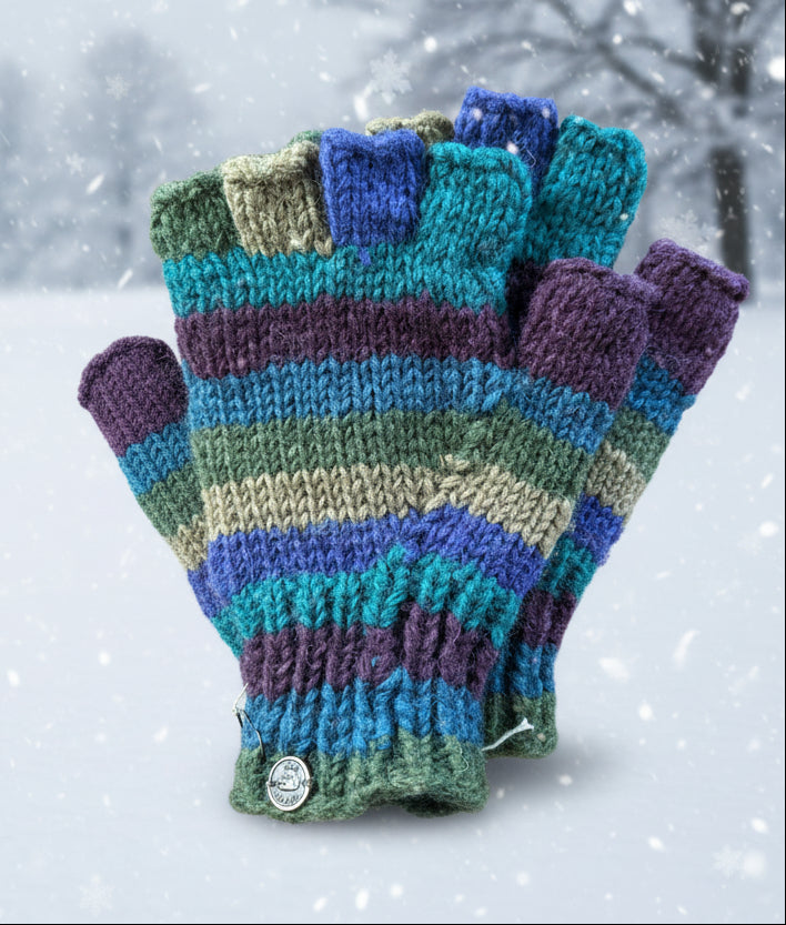 Yak Wool Fingerless Fleece Lined Gloves – Teal, Purple & Green Stripe