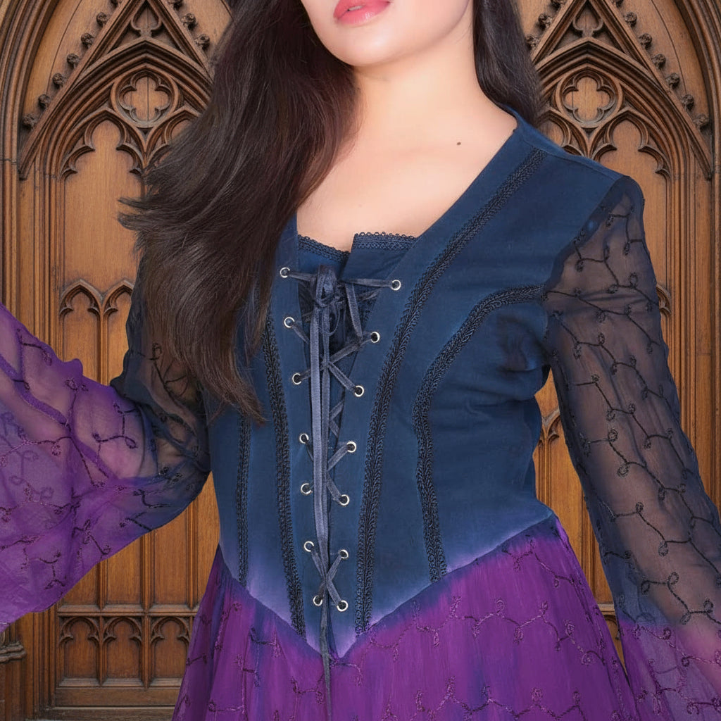 Navy & Purple Medieval Sleeve Lace-Up Chiffon Dress with Handkerchief Hem