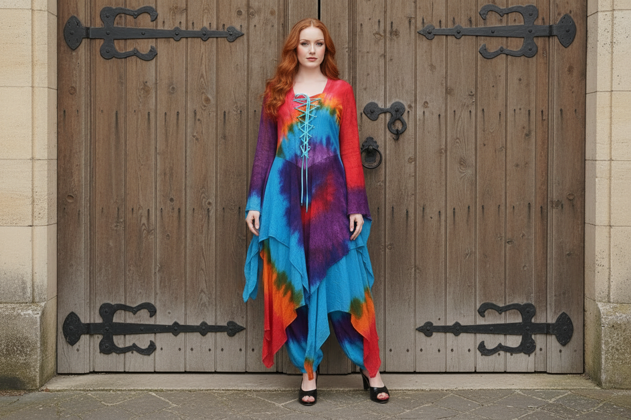 Medieval Long Sleeve Lace-Up Chiffon Dress Multicoloured with Handkerchief Hem