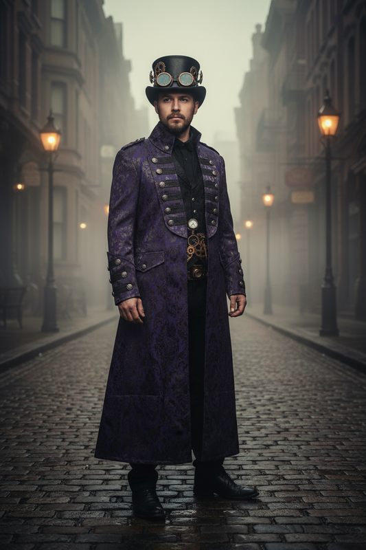 Purple Steampunk Pirate Long Victorian Brocade Coat – Gothic Jacket