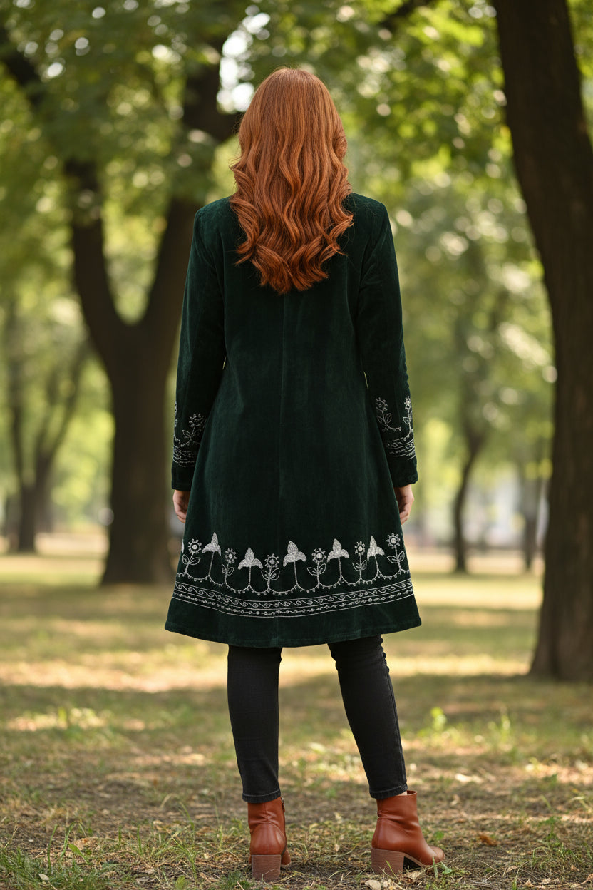 Emerald Forest Green Embroidered Velvet Coat – 3/4 Length Boho Luxe Jacket