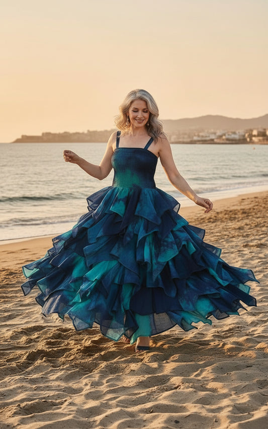 Sky Dress – Teal & Blue Cotton Handkerchief Maxi Dress | Fit & Flare Boho Summer Style