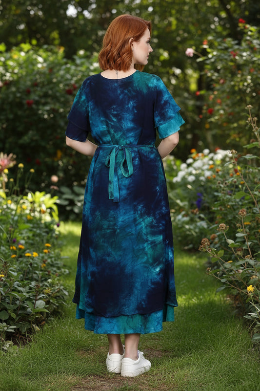Suzanna Dress – Navy & Teal Tie-Dye A-Line Dress with Chiffon Overlay Jacket